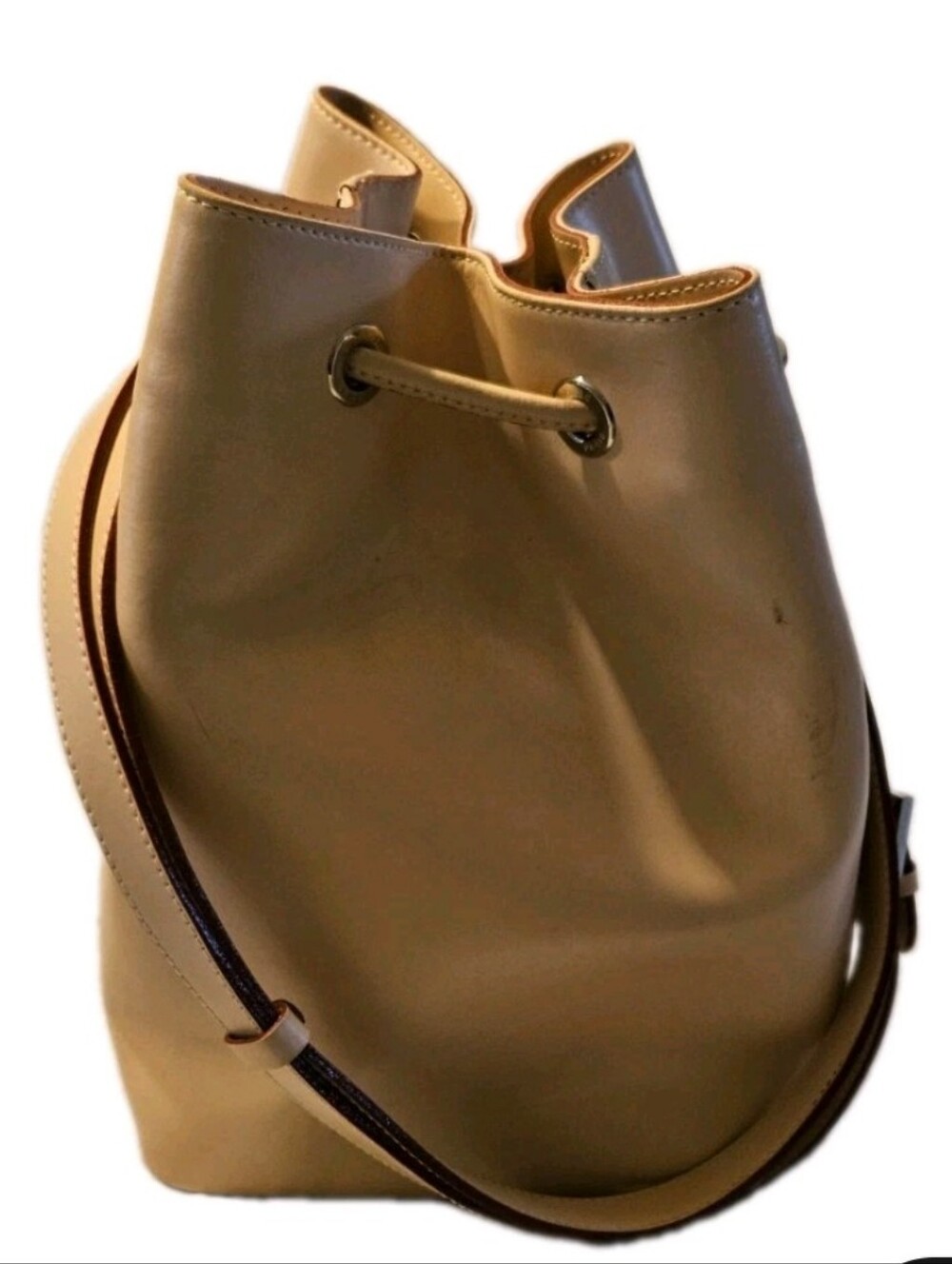 New! Frederic T Paris Almond Leather Drawstring Bucket Bag w Silver Hardware